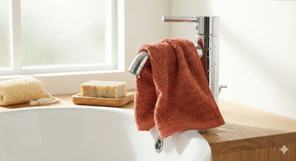 Terra cotta towel styled for a calm bathroom